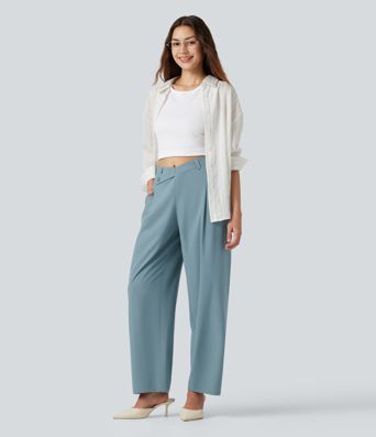 Breezeful™ Asymmetric Mid Rise Barrel Leg Quick Dry Work Pants with Pockets