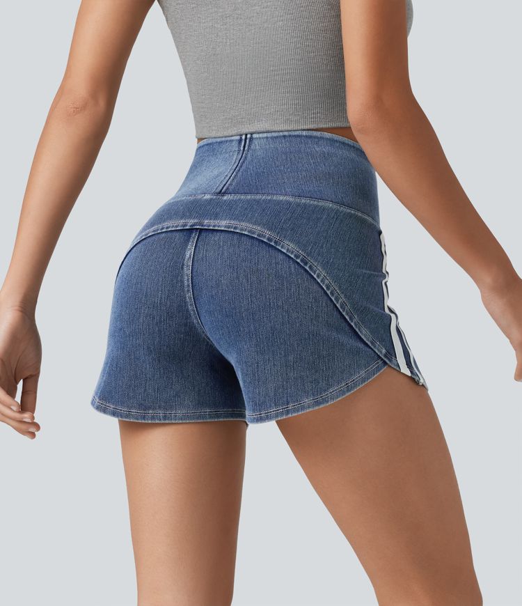 Halara Flex™ High Waisted Tummy Control Curved Hem Stripe Denim Casual Shorts with Pockets