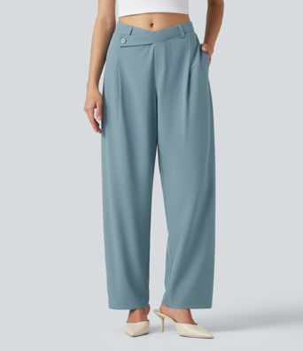 Breezeful™ Asymmetric Mid Rise Barrel Leg Quick Dry Work Pants with Pockets