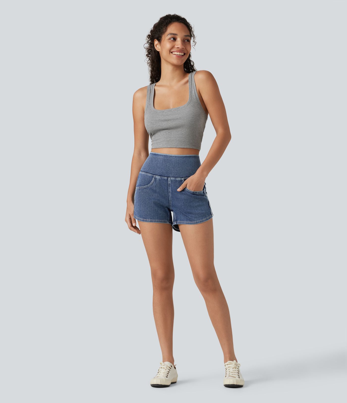 Halara Flex™ High Waisted Tummy Control Curved Hem Stripe Denim Casual Shorts with Pockets