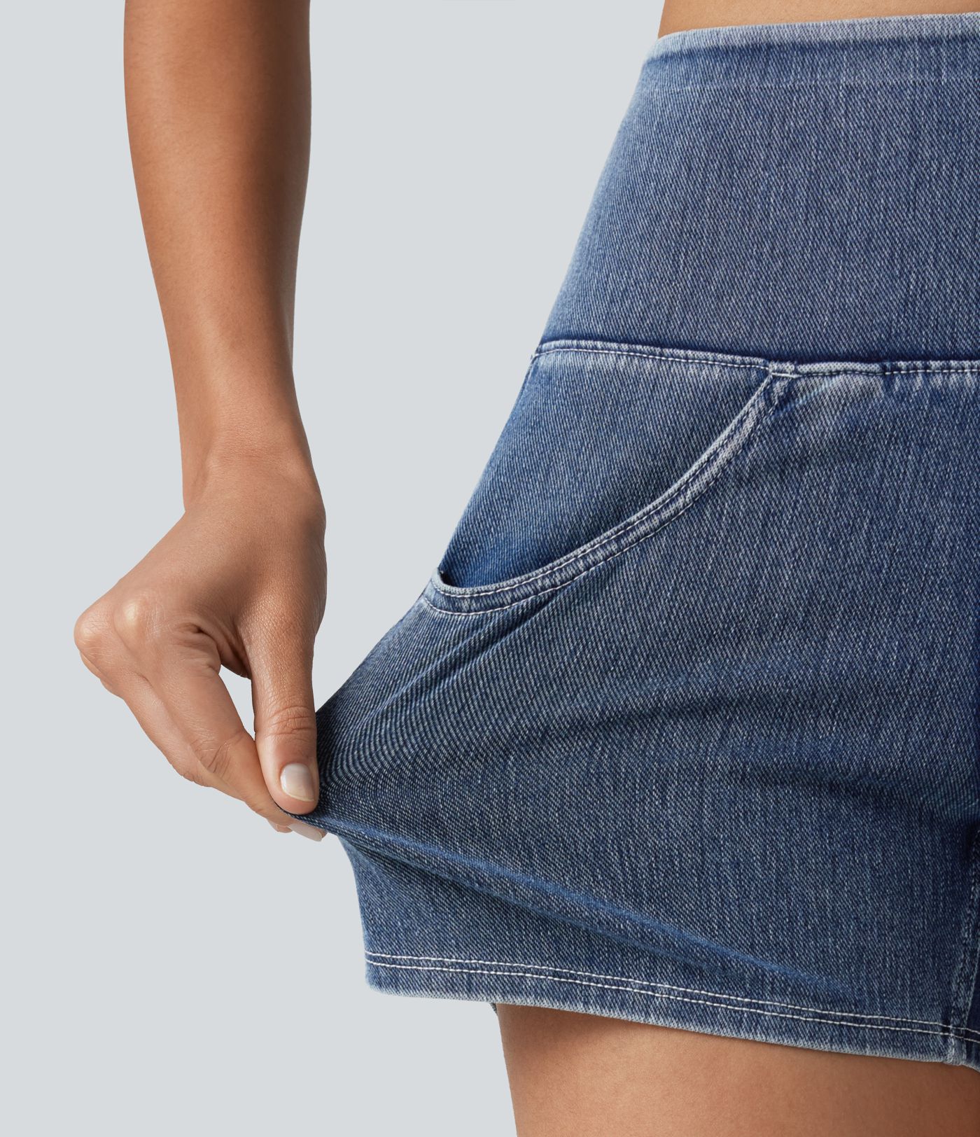 Halara Flex™ High Waisted Tummy Control Curved Hem Stripe Denim Casual Shorts with Pockets