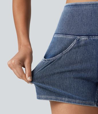 Halara Flex™ High Waisted Tummy Control Curved Hem Stripe Denim Casual Shorts with Pockets