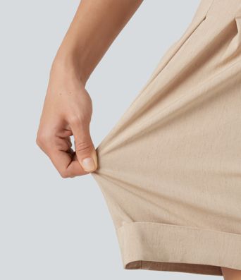 High Waisted Baggy Casual Stretch Linen Shorts 4'' with Pockets