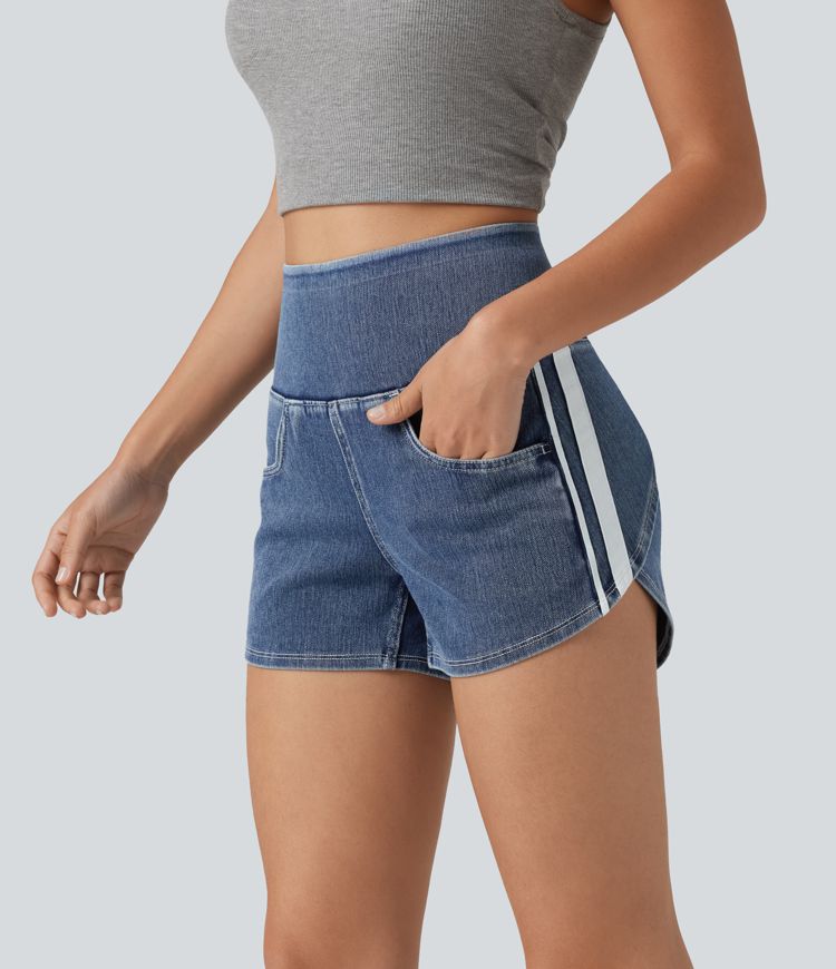 Halara Flex™ High Waisted Tummy Control Curved Hem Stripe Denim Casual Shorts with Pockets