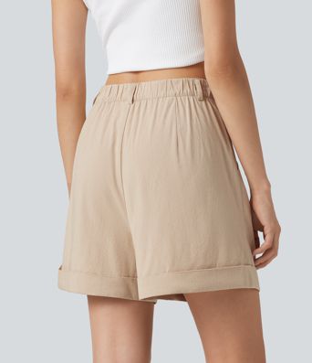 High Waisted Baggy Casual Stretch Linen Shorts 4'' with Pockets