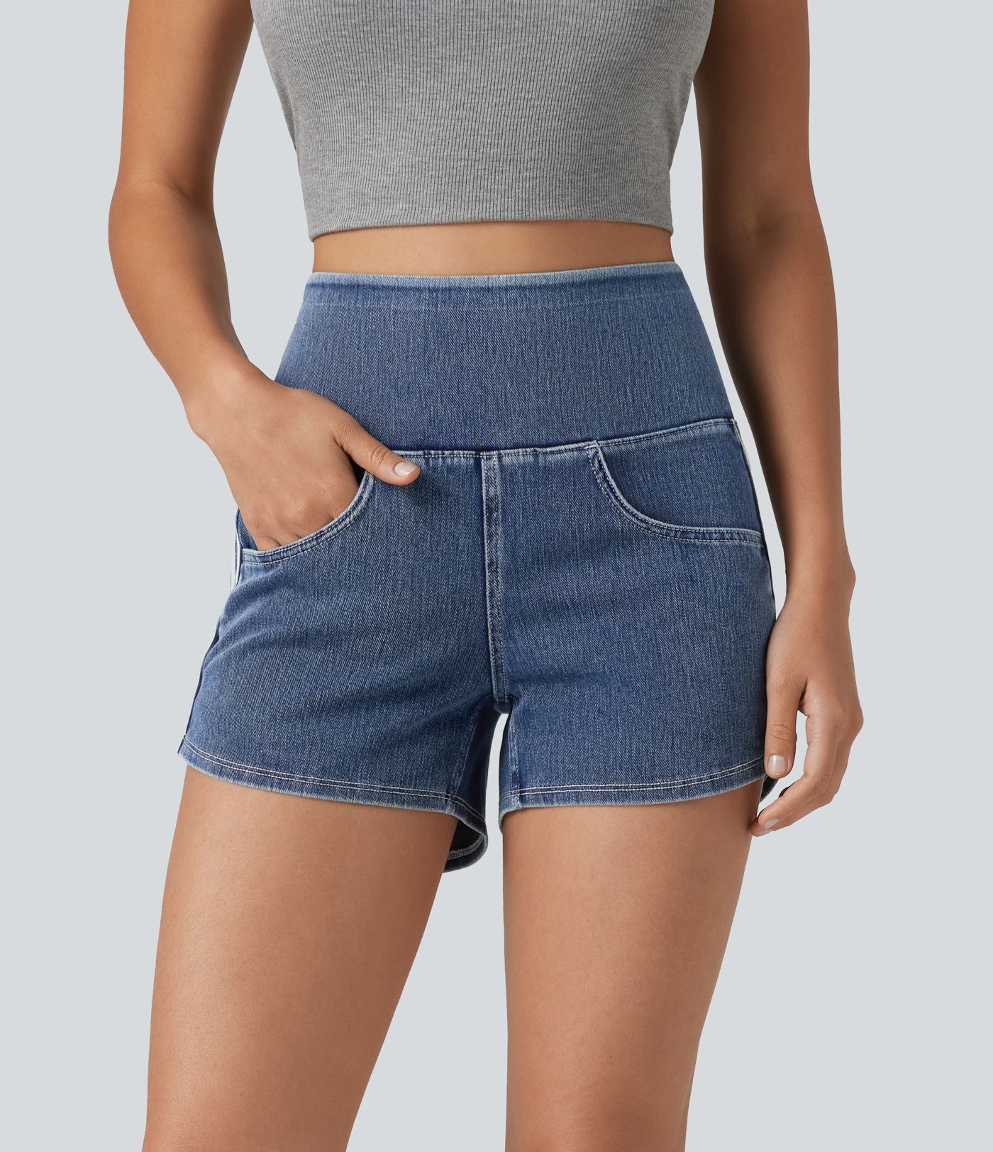 Halara Flex™ High Waisted Tummy Control Curved Hem Stripe Denim Casual Shorts with Pockets