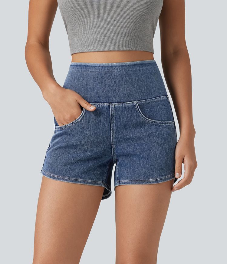 Halara Flex™ High Waisted Tummy Control Curved Hem Stripe Denim Casual Shorts with Pockets