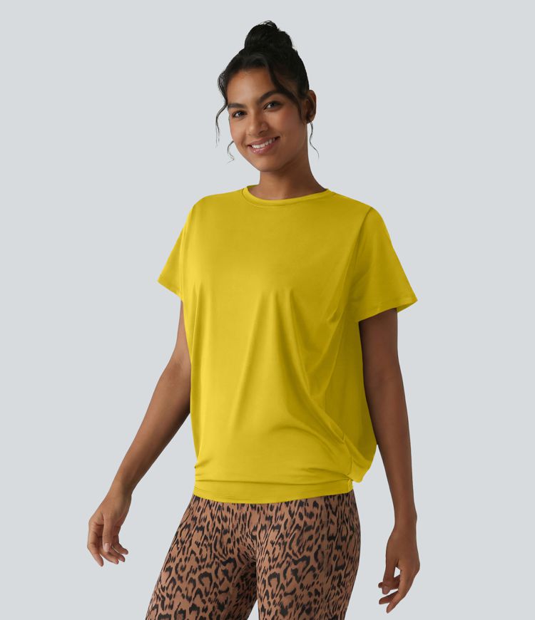 Haut de sport col rond manches courtes toucher frais avec fronces – UPF 50+