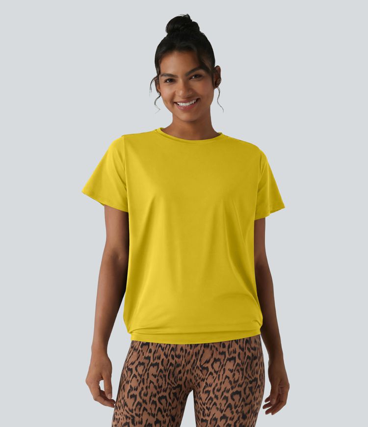 Haut de sport col rond manches courtes toucher frais avec fronces – UPF 50+