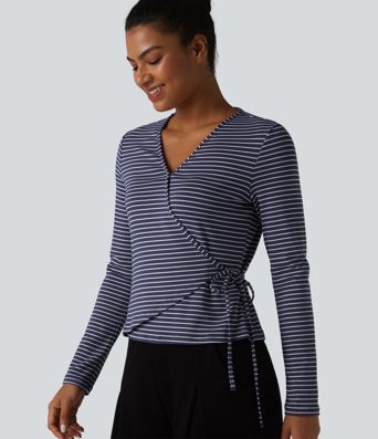 Ribbed Knit Stripes Deep V-Neck Long Sleeve Wrapped Tie-side Casual Top