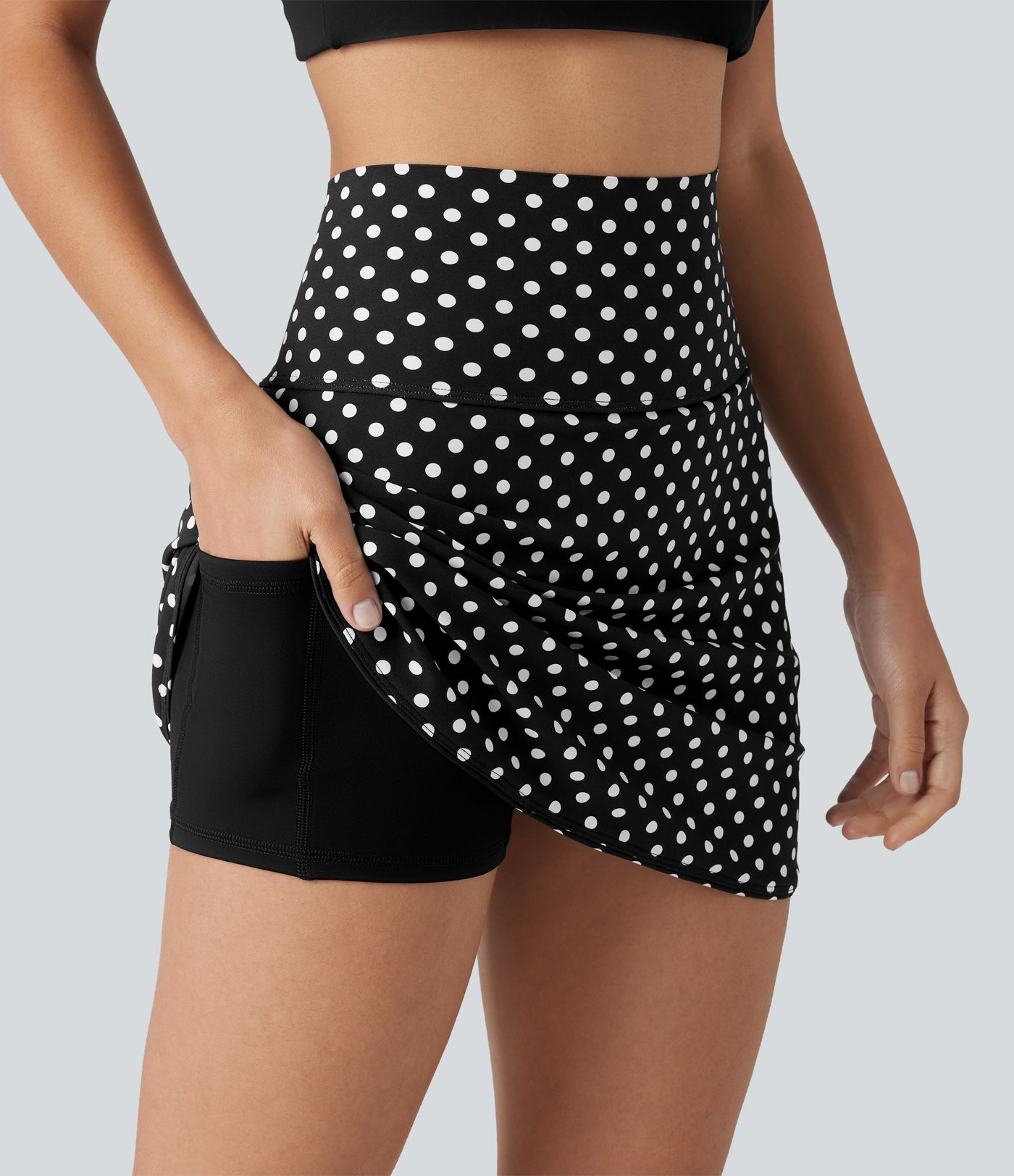 Mini-jupe de golf 2 en 1 à pois, taille ultra haute, effet ventre plat, ourlet arrondi et poches