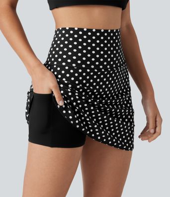 Mini-jupe de golf 2 en 1 à pois, taille ultra haute, effet ventre plat, ourlet arrondi et poches