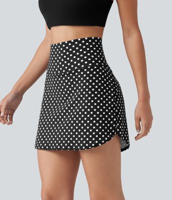 Mini-jupe de golf 2 en 1 à pois, taille ultra haute, effet ventre plat, ourlet arrondi et poches