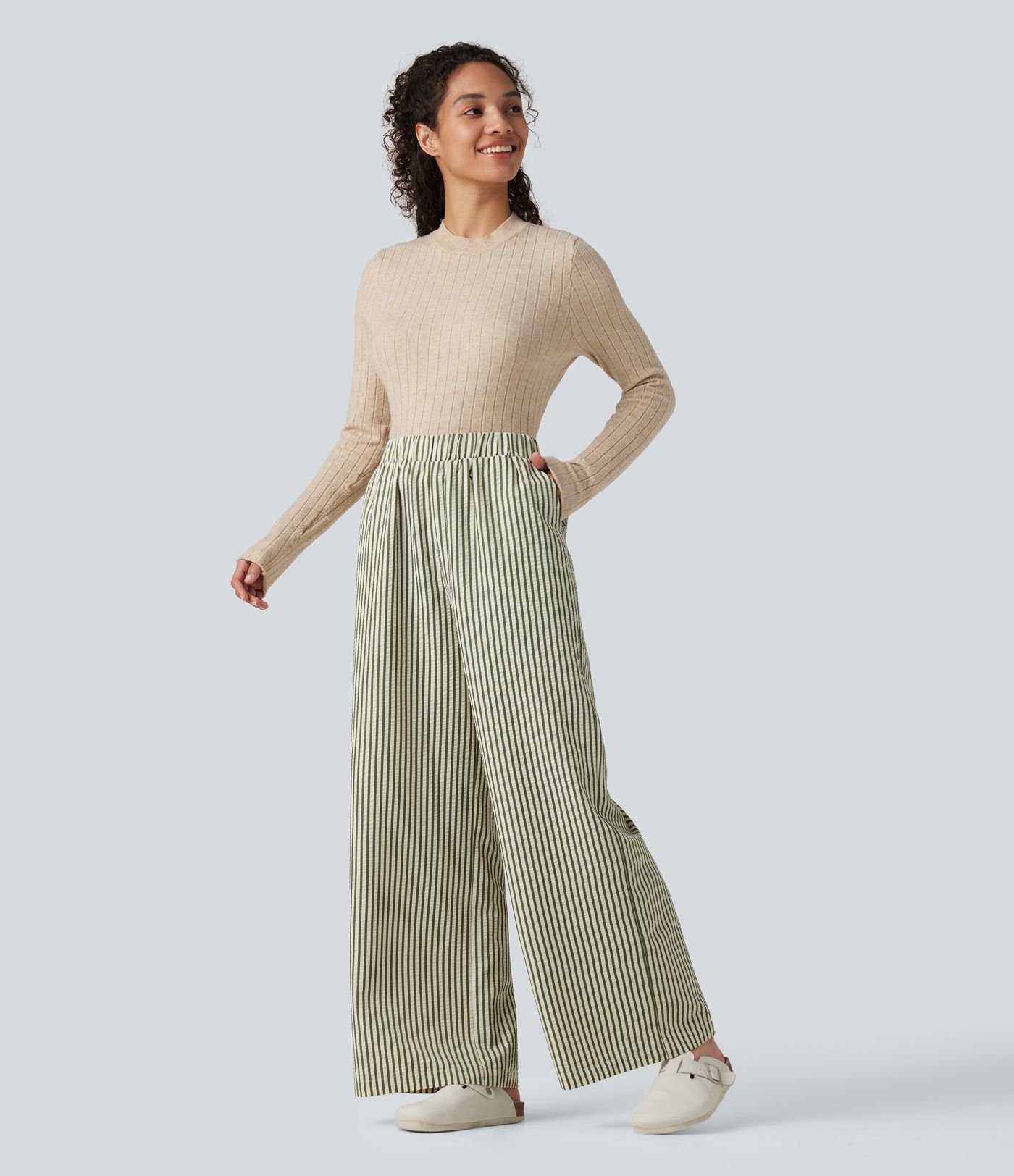 High Waisted Stripes Baggy Lounge Trousers with Pockets