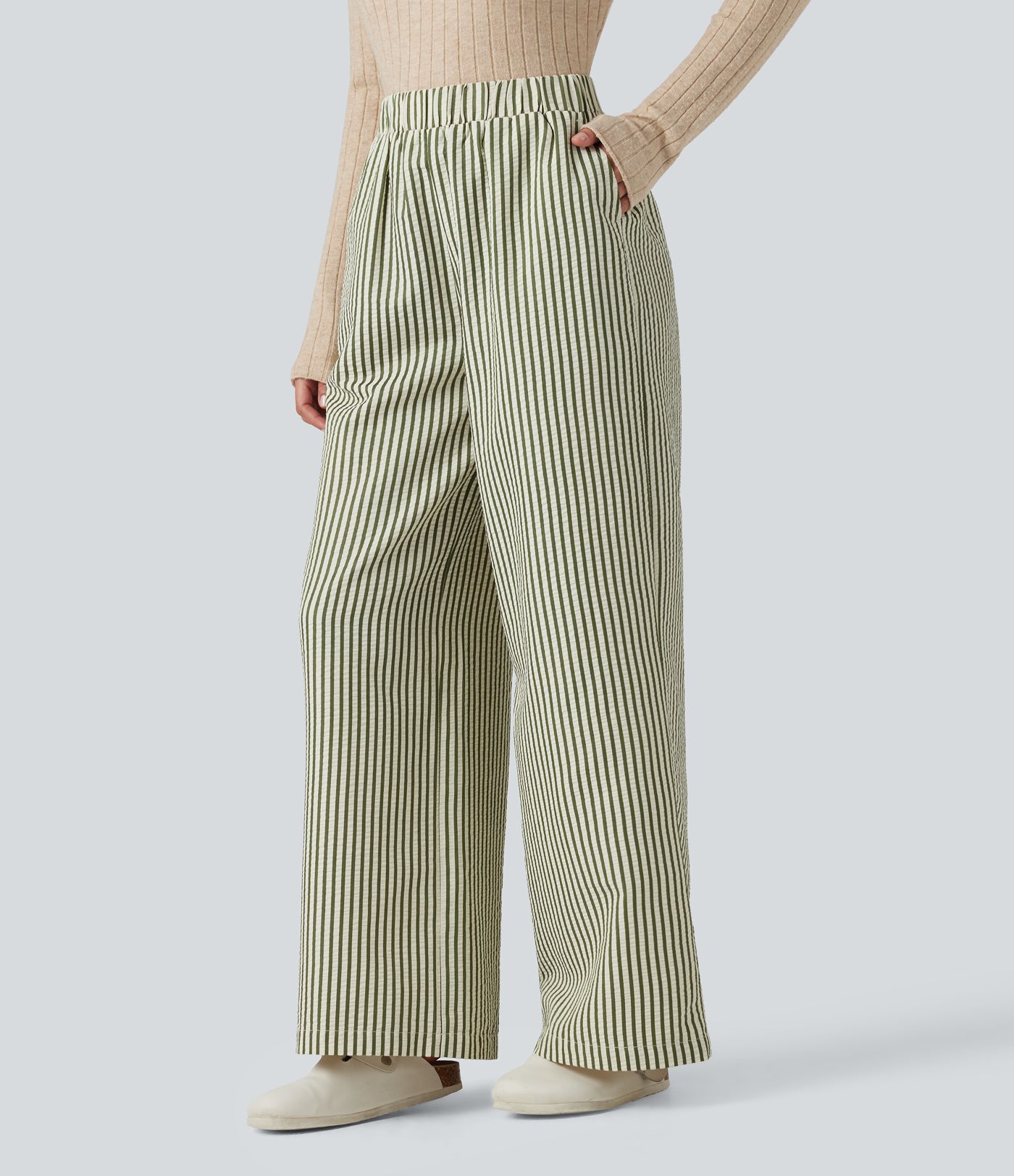 High Waisted Stripes Baggy Lounge Trousers with Pockets