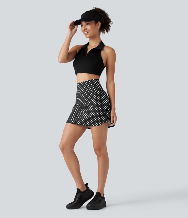 Mini-jupe de golf 2 en 1 à pois, taille ultra haute, effet ventre plat, ourlet arrondi et poches