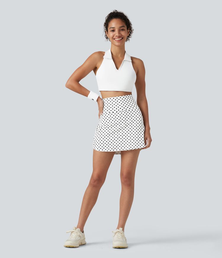 Mini-jupe de golf 2 en 1 à pois, taille ultra haute, effet ventre plat, ourlet arrondi et poches