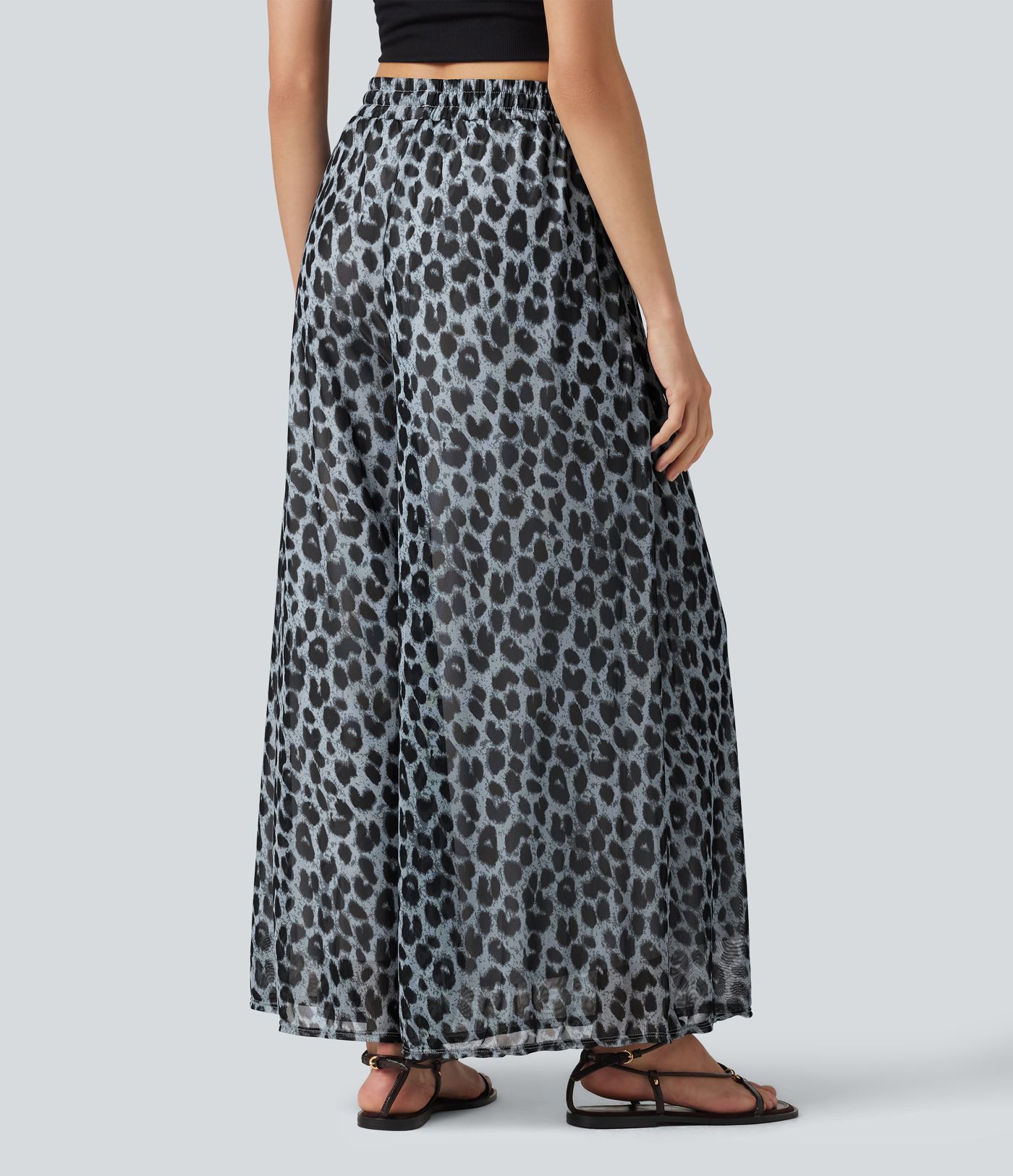 High Waisted Drawstring Baggy Leopard Print Sheer Mesh Casual Pants with Pockets