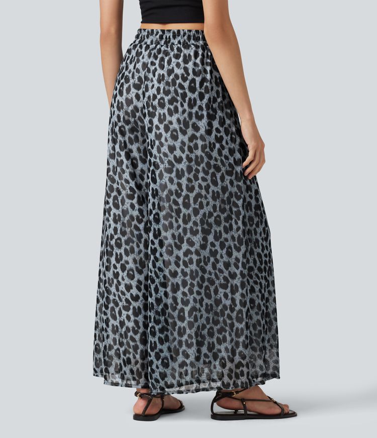 High Waisted Drawstring Baggy Leopard Print Sheer Mesh Casual Pants with Pockets