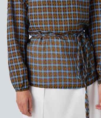 Round Neck Long Sleeve Tie Plaid Loose Fit Casual Top