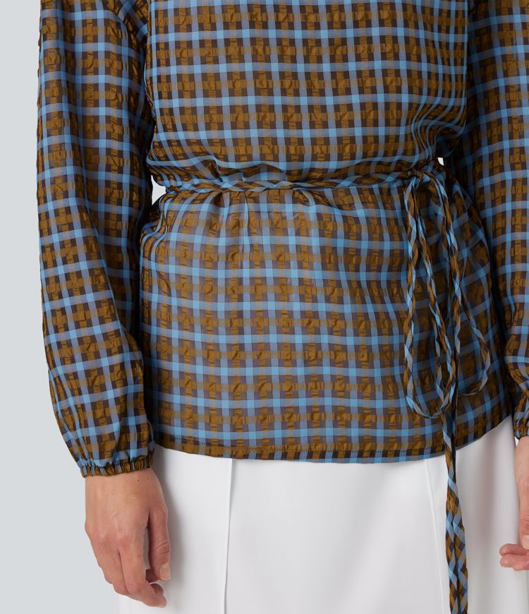 Round Neck Long Sleeve Tie Plaid Loose Fit Casual Top