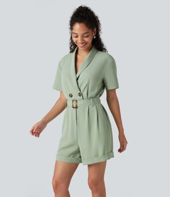Shawl Collar Short Sleeve Belted Work Romper with Pockets