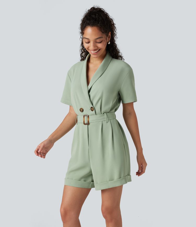 Shawl Collar Short Sleeve Belted Work Romper with Pockets