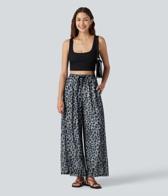 High Waisted Drawstring Baggy Leopard Print Sheer Mesh Casual Pants with Pockets