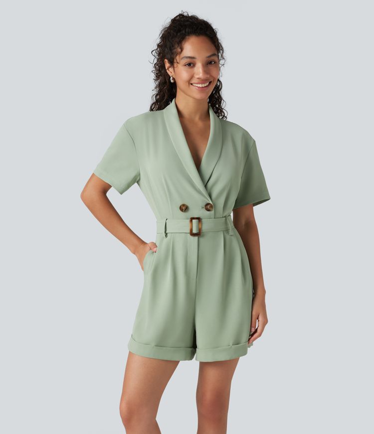Shawl Collar Short Sleeve Belted Work Romper with Pockets
