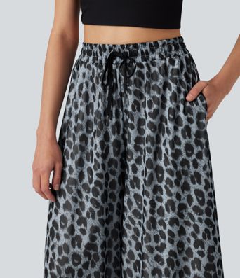 High Waisted Drawstring Baggy Leopard Print Sheer Mesh Casual Pants with Pockets