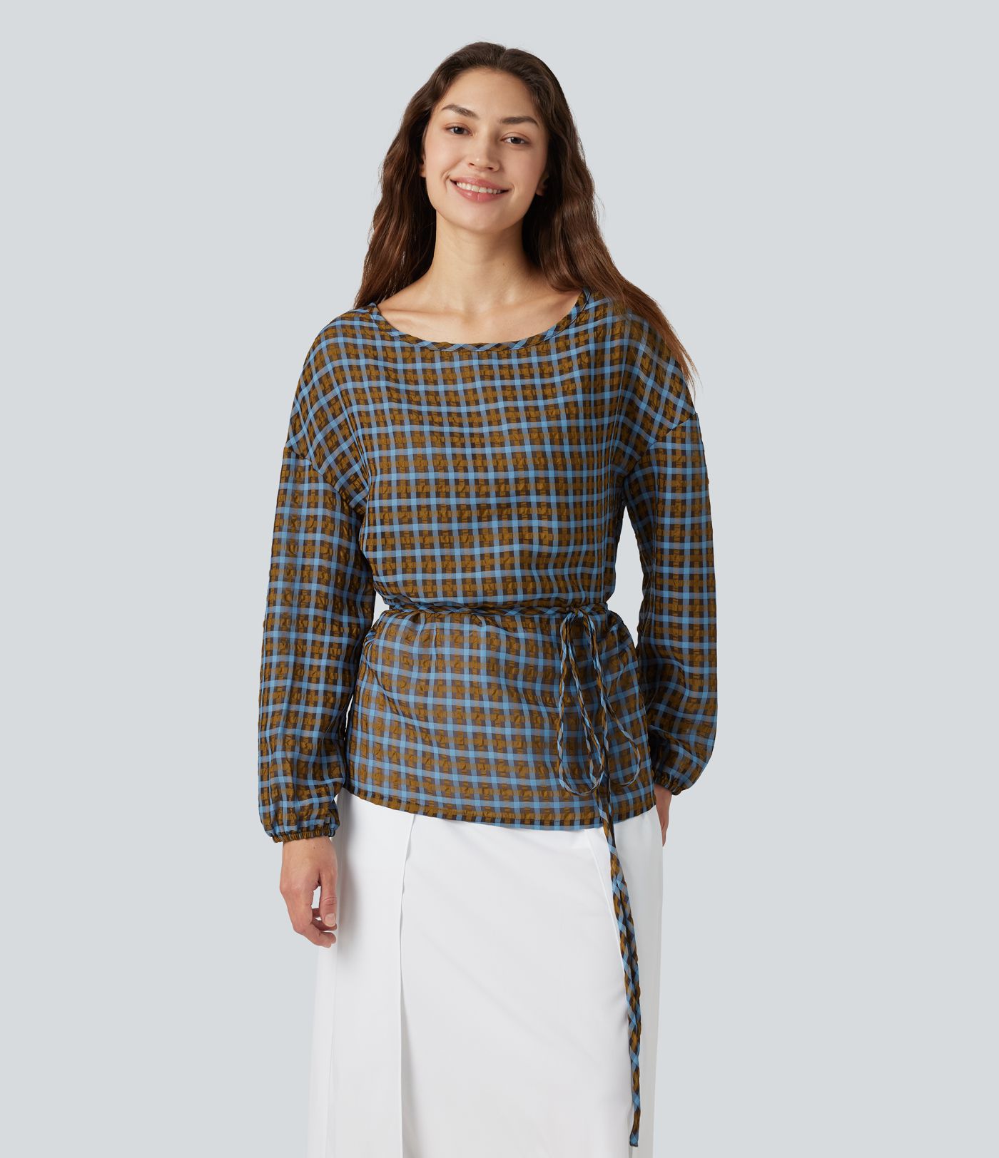 Round Neck Long Sleeve Tie Plaid Loose Fit Casual Top