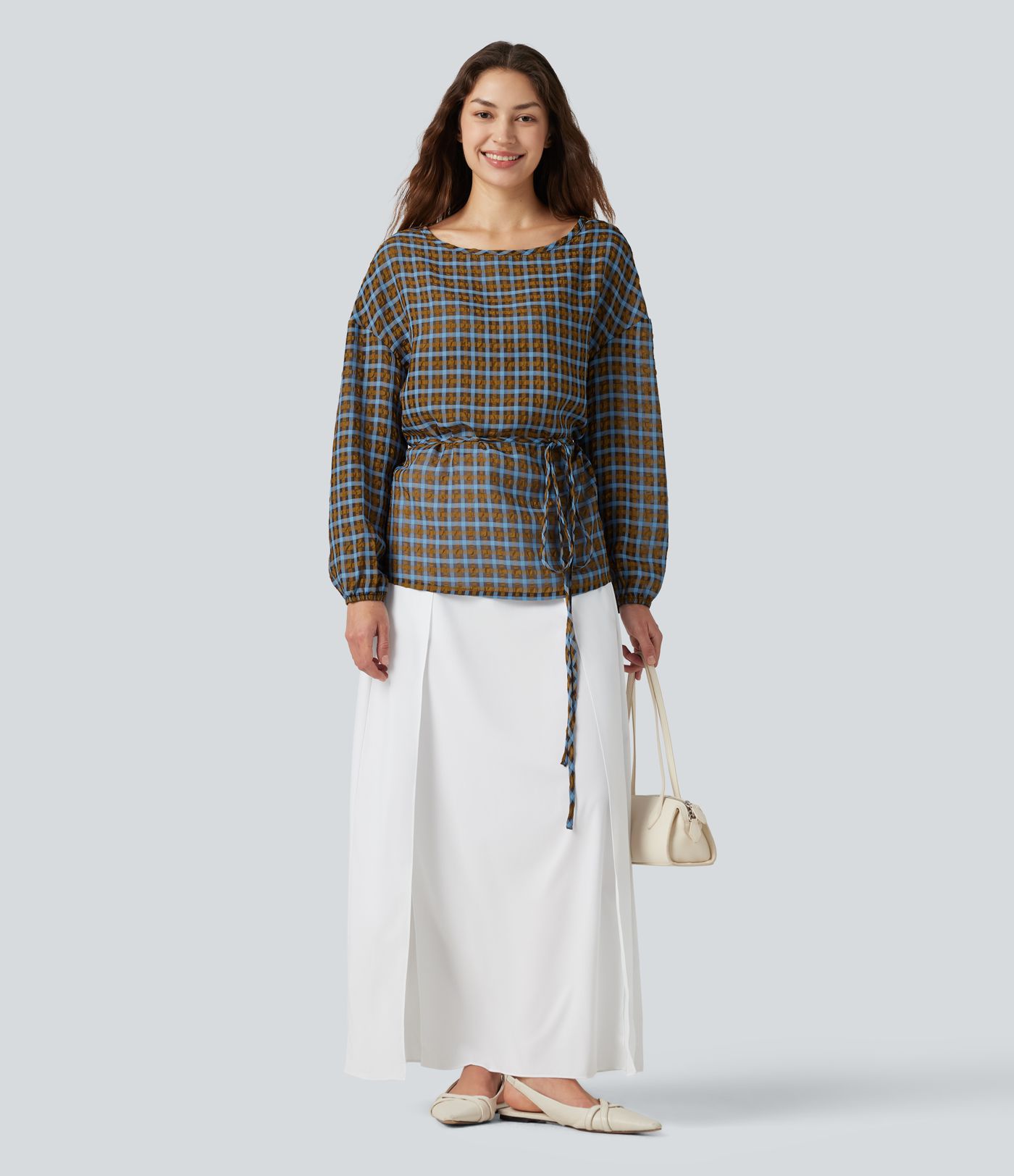 Round Neck Long Sleeve Tie Plaid Loose Fit Casual Top