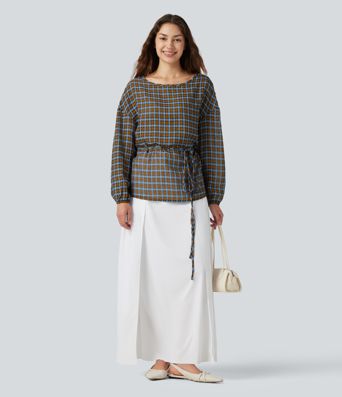 Round Neck Long Sleeve Tie Plaid Loose Fit Casual Top