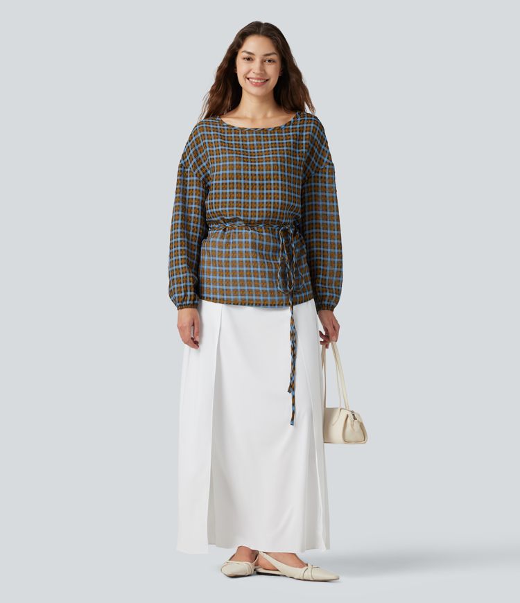 Round Neck Long Sleeve Tie Plaid Loose Fit Casual Top