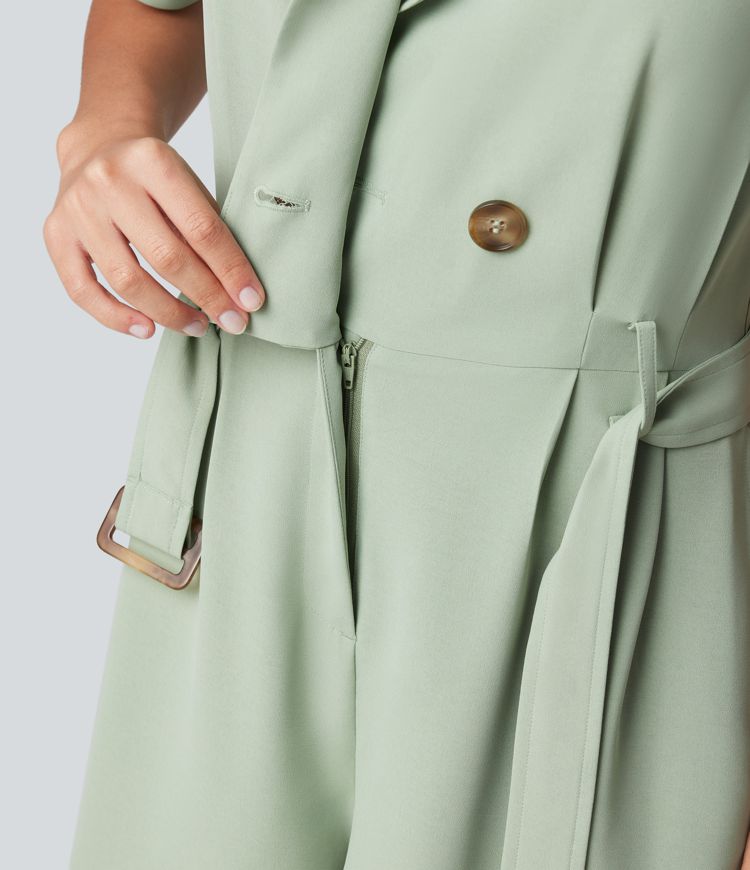 Shawl Collar Short Sleeve Belted Work Romper with Pockets