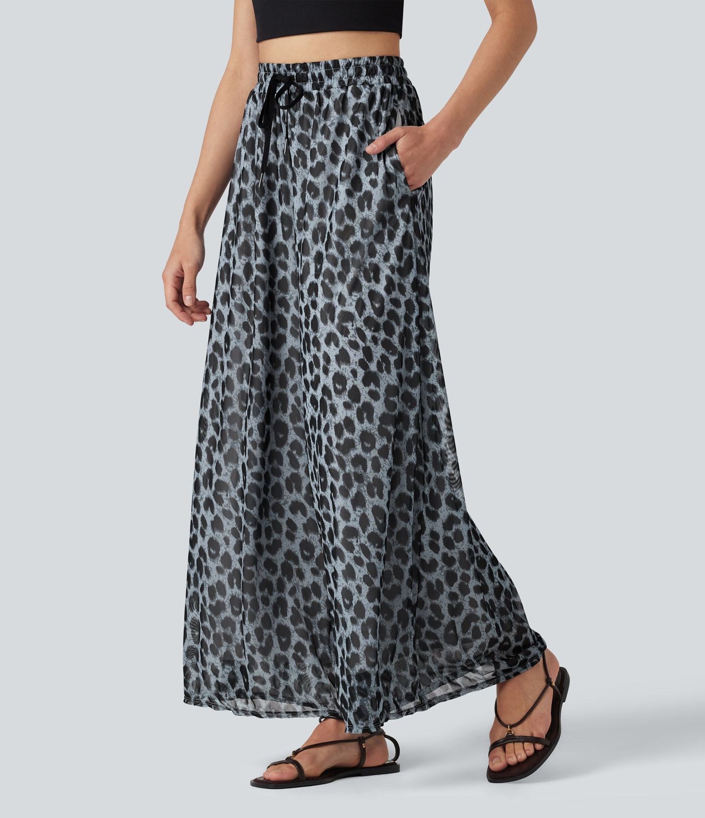 High Waisted Drawstring Baggy Leopard Print Sheer Mesh Casual Pants with Pockets