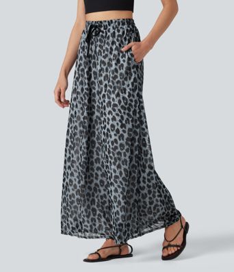 High Waisted Drawstring Baggy Leopard Print Sheer Mesh Casual Pants with Pockets