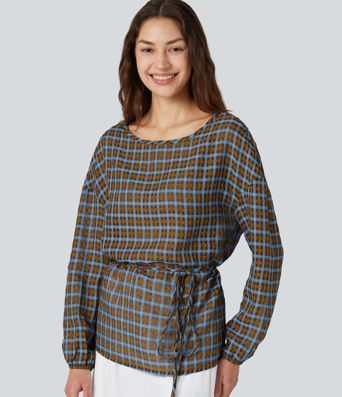 Round Neck Long Sleeve Tie Plaid Loose Fit Casual Top