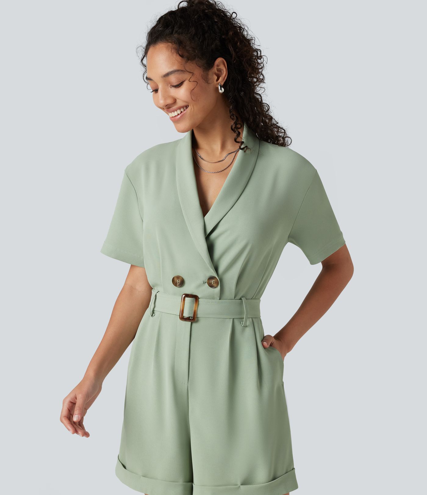 Shawl Collar Short Sleeve Belted Work Romper with Pockets
