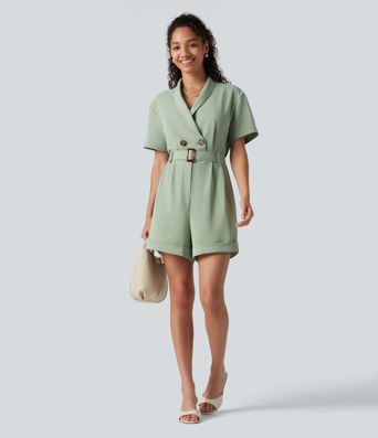 Shawl Collar Short Sleeve Belted Work Romper with Pockets