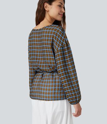 Round Neck Long Sleeve Tie Plaid Loose Fit Casual Top