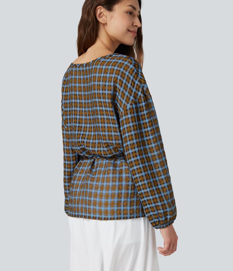 Round Neck Long Sleeve Tie Plaid Loose Fit Casual Top