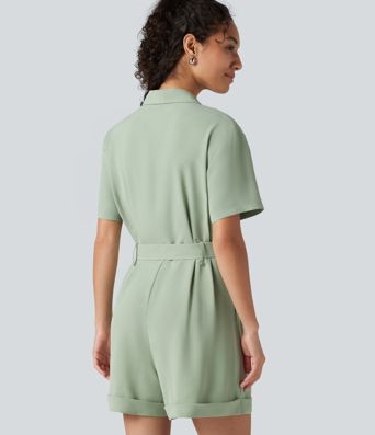 Shawl Collar Short Sleeve Belted Work Romper with Pockets