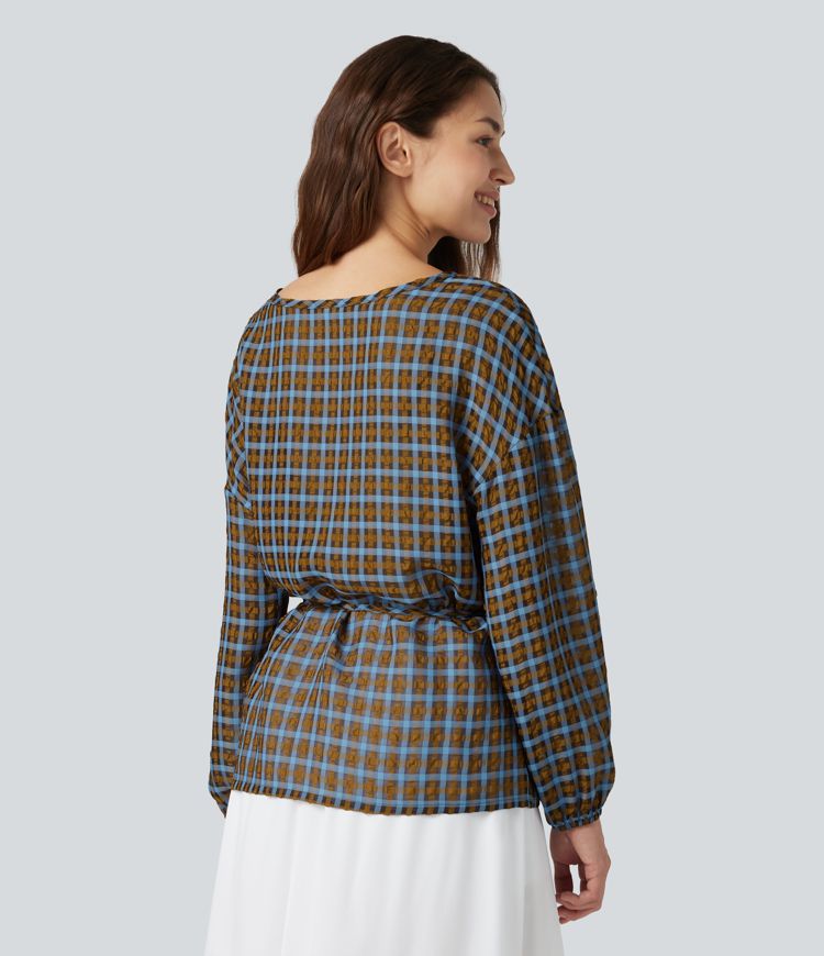 Round Neck Long Sleeve Tie Plaid Loose Fit Casual Top