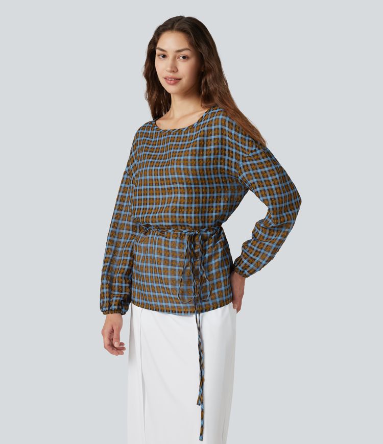 Round Neck Long Sleeve Tie Plaid Loose Fit Casual Top