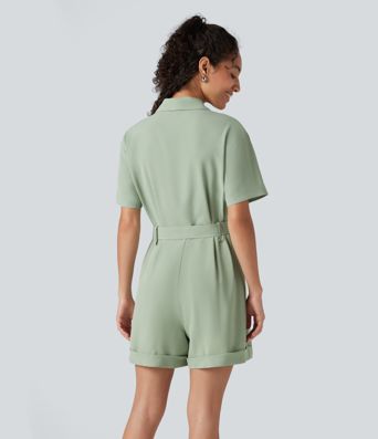 Shawl Collar Short Sleeve Belted Work Romper with Pockets