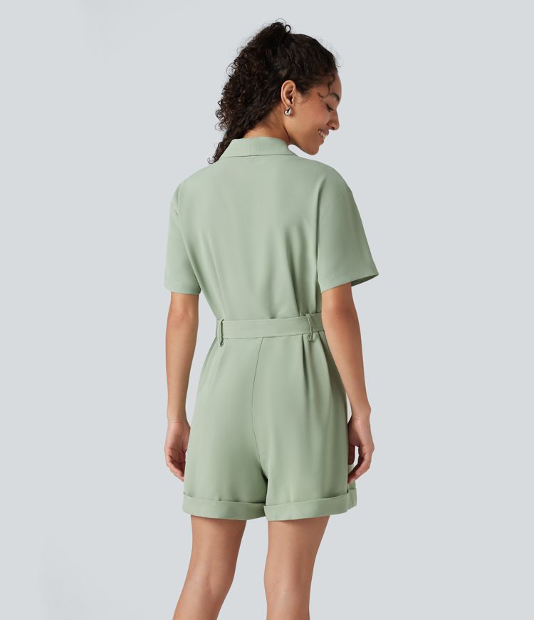 Shawl Collar Short Sleeve Belted Work Romper with Pockets