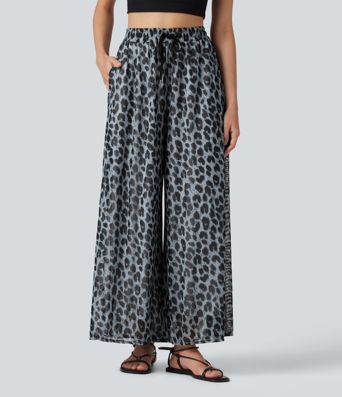 High Waisted Drawstring Baggy Leopard Print Sheer Mesh Casual Pants with Pockets