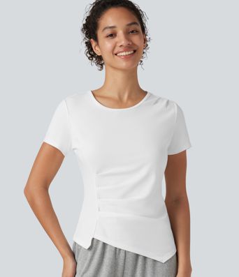 Top deportivo de algodón para correr, cuello redondo, manga corta, con fruncido y bajo asimétrico, de secado rápido