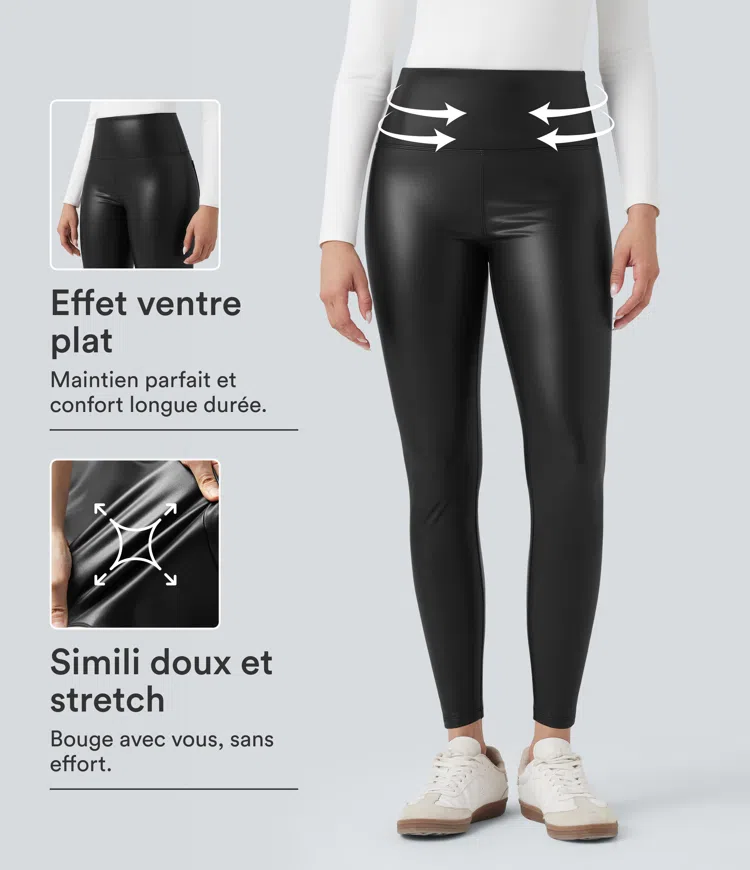 Pantalon 7/8 moulant décontracté en simili stretch doublé polaire gainant taille haute avec poches